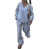 SOLY HUX Women's Sweatsuits 2 Piece Outfits V Neck Long Sleeve Sweatshirt and Sweatpants Set Fall Clothes