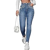 AprPith Women's Skinny Jeans Chic Pearl Decorated Stretch Casual Embellished Fashion Statement Denim Pants