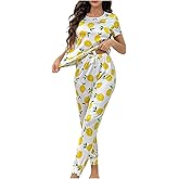 SweatyRocks Women's Lemon Print Pajama Sets Two Piece Sleepwear Short Sleeve Top and Pants