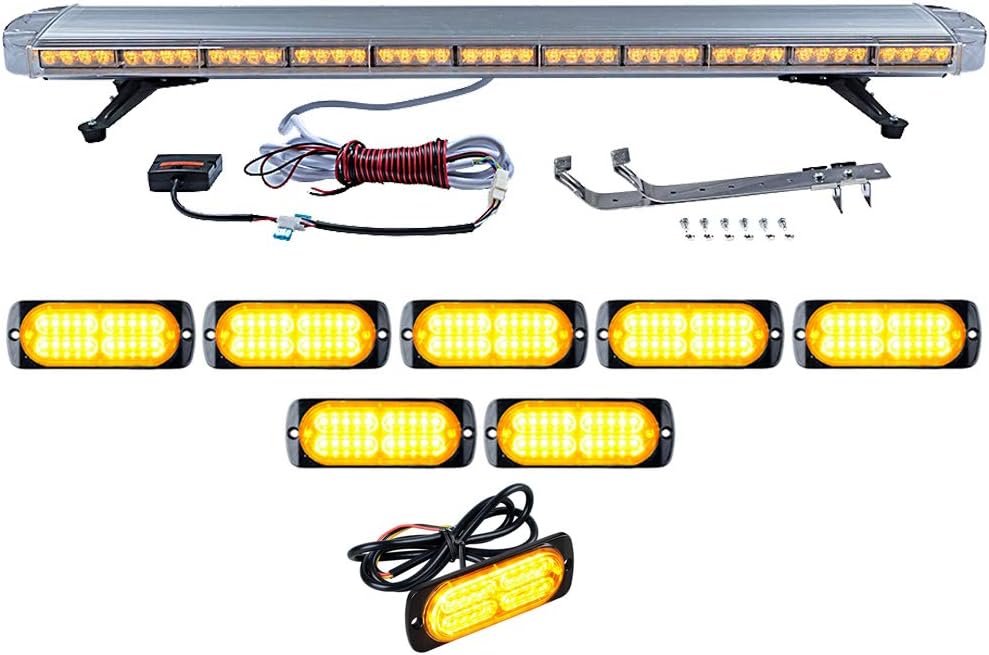 Set 1pc 51" 96-LED 96W Emergency Warning Security & 6pcs Super Thin 20 LED Construction Hazard Dash Grille mini Strobe Light Bar Tow Truck Respone (AMBER)