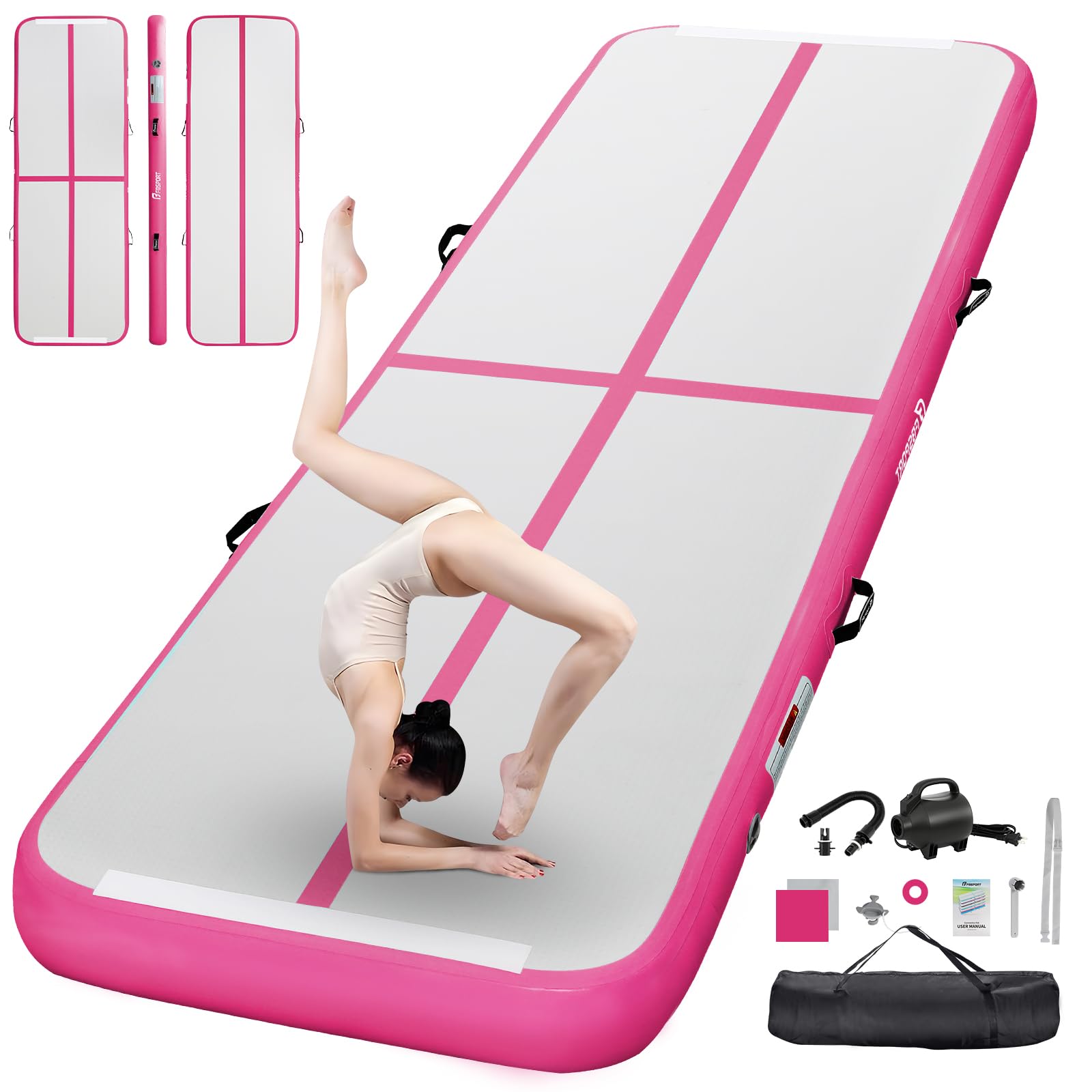 FBSPORT Airtrack Matte, 20cm Hoch Verdicken 4M Tumbling Matte,Gymnastikmatte mit Luftpumpe,Trainingsmatte mit Tragetasche,Turnmatte für Zuhause, Outdoor,Yoga