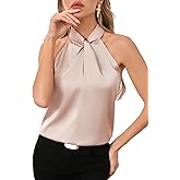 SweatyRocks Womens Elegant Twist Front Halter Sleeveless Satin Blouse Keyhole Back Tank Top