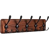 Kruodop Large Coat Rack Wall Mount Coat Hooks Coat Hanger with 5 Metal Black Triple- Hooks Brown Pine Real Wood Plank Hat Rack for Wall Hooks for Hanging Coat Hat Jacket