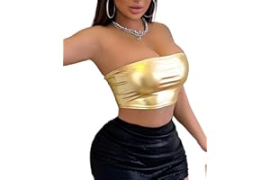 VENDAU Women's Metallic Shiny Tube Top - Strapless Party Crop Top for Rave, Festival & Night Out