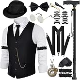 VillbeCoser 1920s Mens Costume Roaring 20s Costumes Accessories Set 1920s Vest Suspenders Hat Pocket Watch Tie