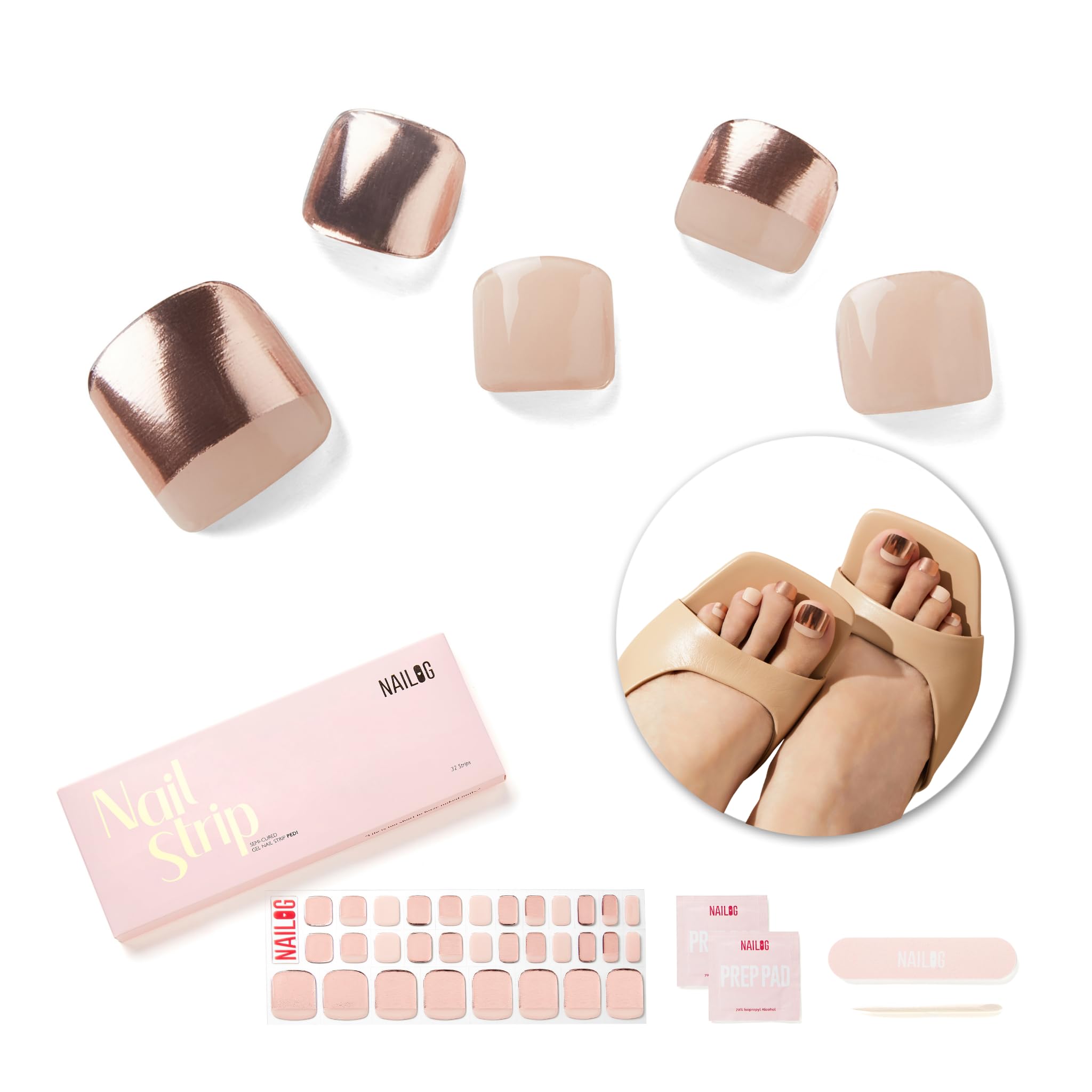 NAILOG Semi Cured Gel Nail Strips, Toe Nail Polish Strips with Glossy Gel Finishing | 32 Pieces Long Lasting Pedi Nail Wrap | Beige Nude, Golden Foil | Mermaid