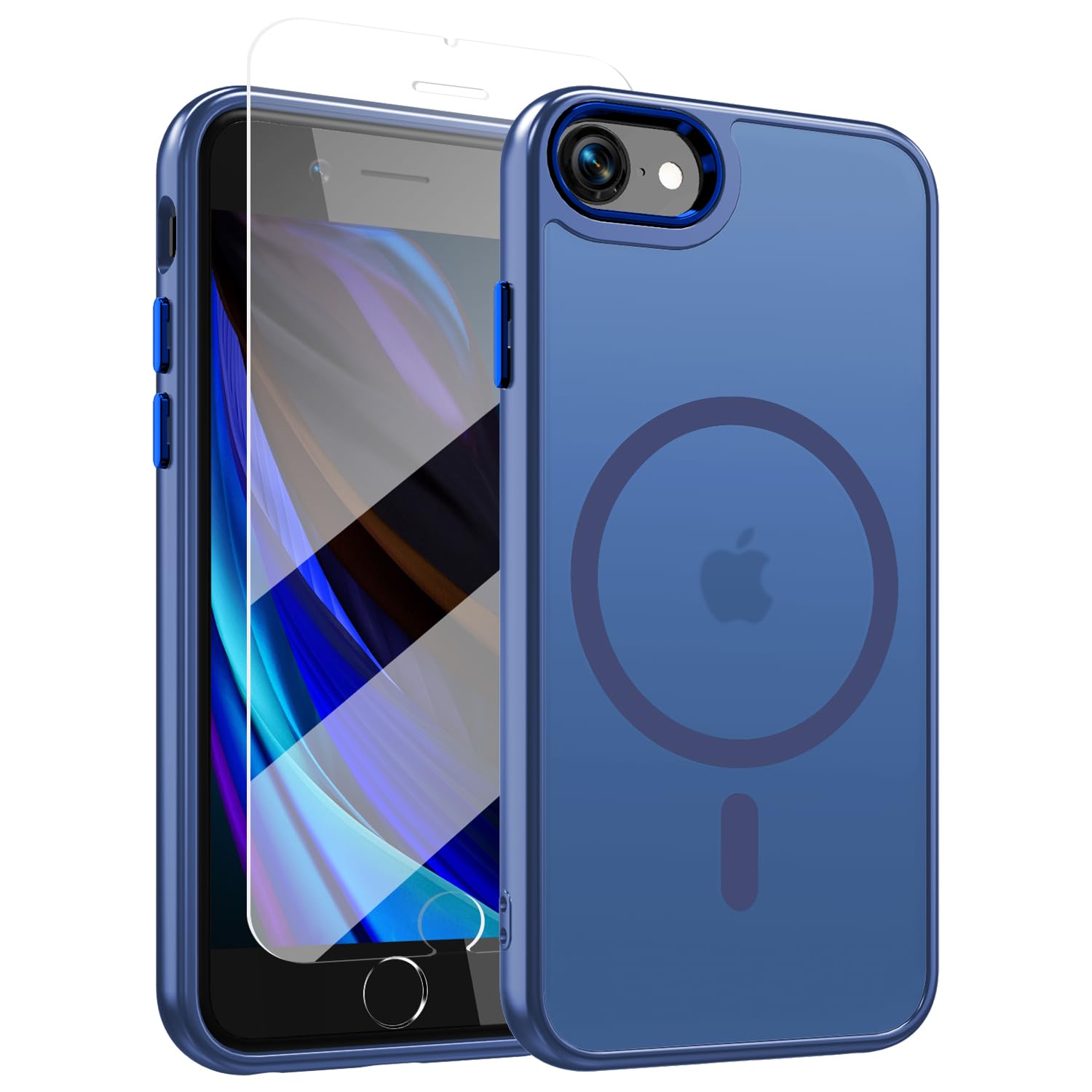Photo 1 of WRJ Case for iPhone SE 2022/2020/7/8 with Screen Protector,Magnetic Translucent Phone Case for Women Men [Compatible with Magsafe] Slim Anti-Fingerprints Shockproof Protective Cover-Blue
