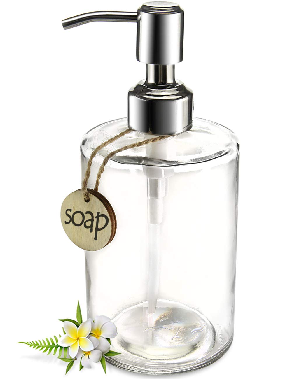 JASAI 16OZ Cylinder Glass Soap Dispenser with Rust Proof Stainless Steel Pump, Refillable Bathroom Soap Dispenser for Hand Soap, Dish Soap, Liquid Soaps and Kitchen (Clear)
