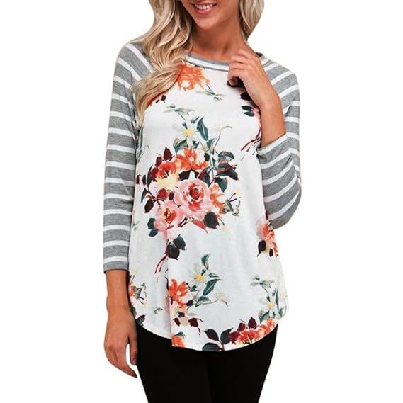 OVERDOSE Mokingtop Damen Floral Splice Printing Rundhals Pullover Bluse Tops T-Shirt
