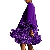 ROKIACDE Trendy Long Sleeve Feathers Midi Dress for Women Plus Size Elegant Formal Smocked Flowy Cute Cocktail Party Dress