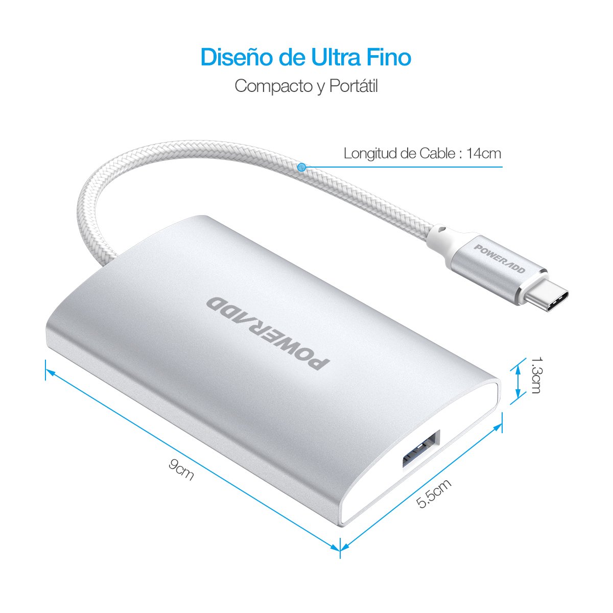 Poweradd Hub USB 3.0 4 Puerto de Type-C Alta Velocidad para MacBook, New Macbook,PC, USB Flash Drives y Ordenador Portátil de Type C -Argentado