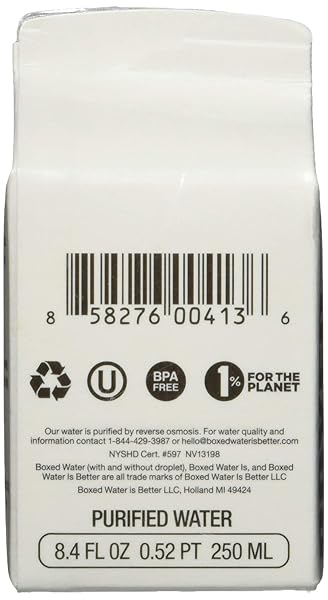 BOXED WATER 8.5 OZ. (SINGLE UNIT) – PURIFIED DRINKING WATER PLANT-BASED CARTONS, 100% RECYCLABLE, BPA-FREE, REFILLABLE CARTONS, SUSTAINABLE ALTERNATIVE