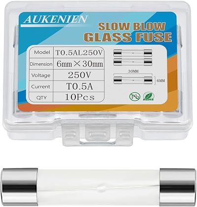 AUKENIEN 0.5A 250V Slow Blow Glass Fuse 6x30mm Pack of 10