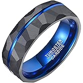Vakki Black Blue Wedding Band for Men Hammered Tungsten Engagement Rings Blue Groove Engraved Custom Comfort Fit 7-12