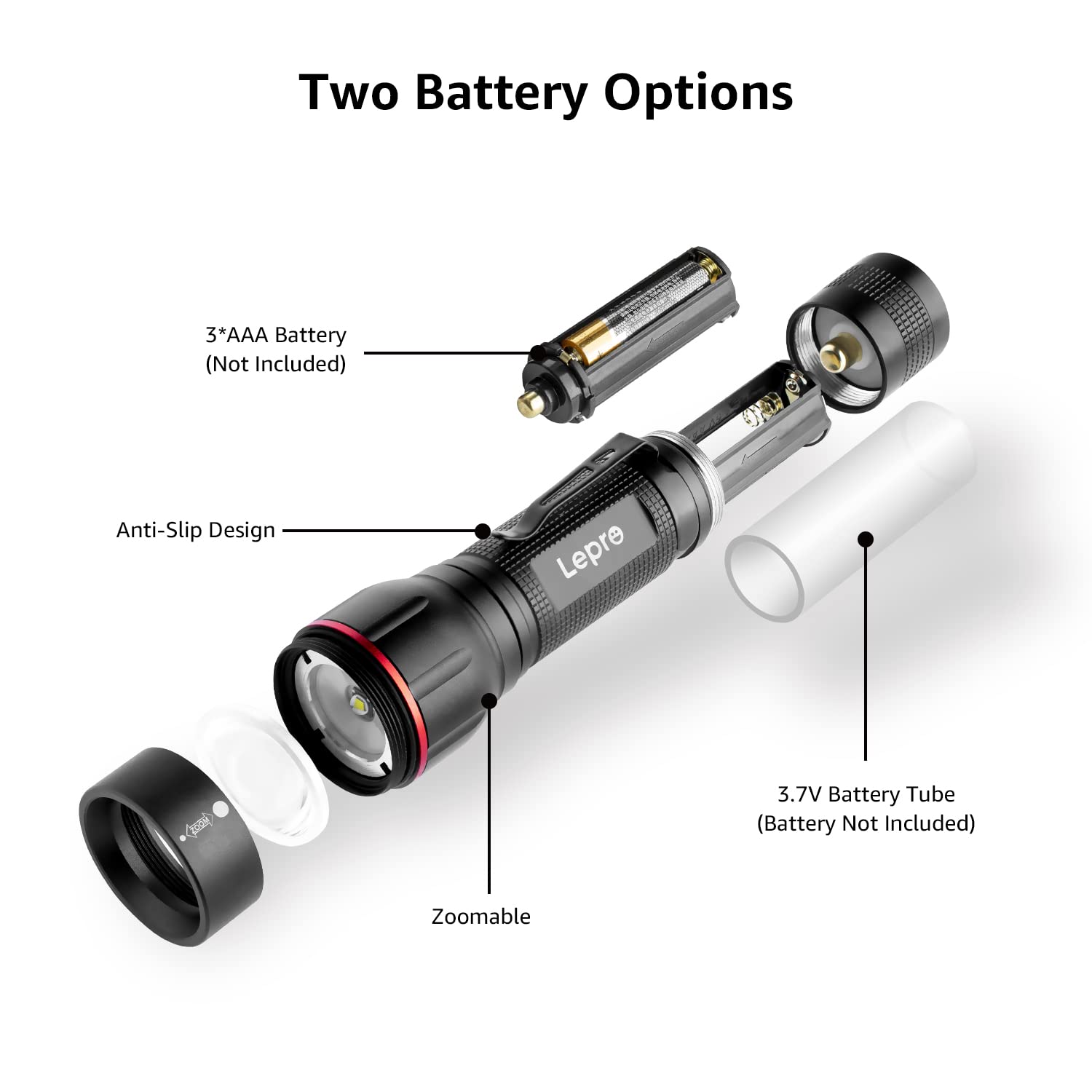 Lepro LED Flashlight with Clip, LE2050 Flashlight High Lumens, 5 Lighting Modes, Zoomable, Waterproof, Lightweight Flashlights for Emergencies,Camping, Powered by AAA Battery, 2 Pack