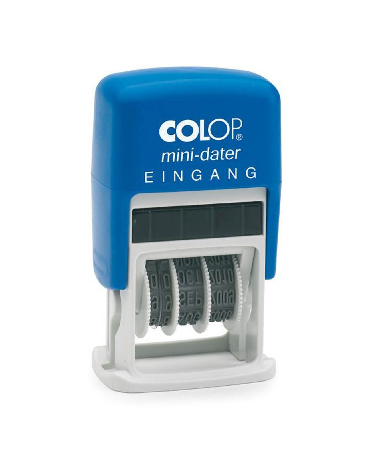 COLOP 105244 Mini Dater S160/L1 with Text Input, Date in German (e.g. October 2025), Blue/Red Print, in Blister Pack