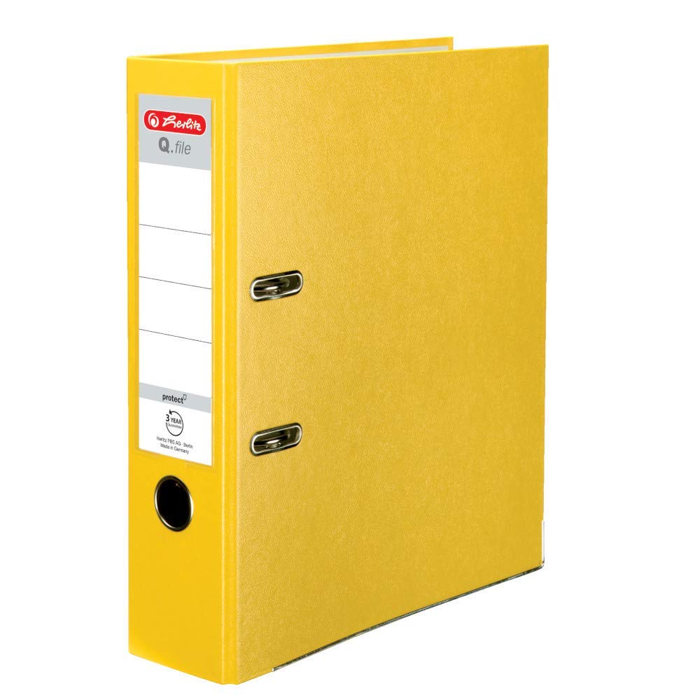 Herlitz® Q.File Folder for Documents A4 | 8 cm Spine | Reversible Label | 2-Ring Mechanism with Print Strip | Durable PP Film Coated Fittings | Yellow