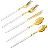 Rubtlamp 96 Pcs Gold Plastic Silverware, Gold Plastic Utensils with White Handle, Cutlery Set Disposable Includes: 32 Knives, 32 Plastic Spoons And 32 Forks for Wedding And Party