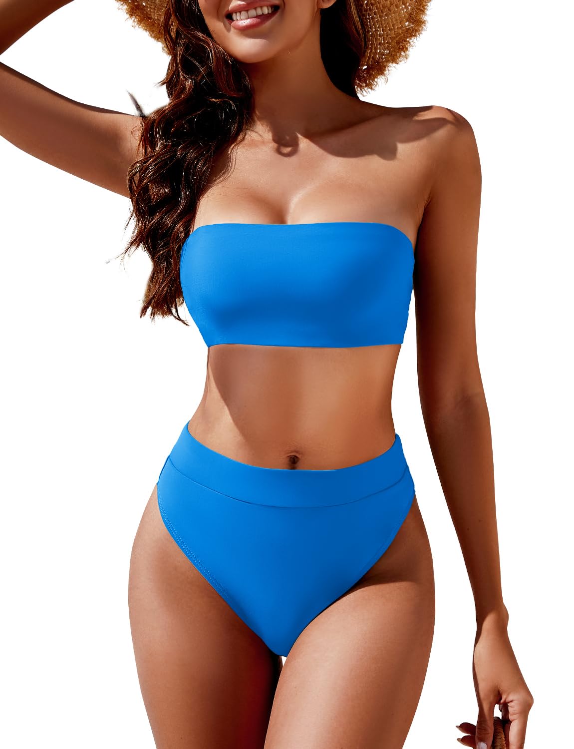 Photo 1 of YACUN Women's High Waisted Bikini Swimsuit Two Piece Strapless Bandeau Cheeky Bathing Suits Blue L