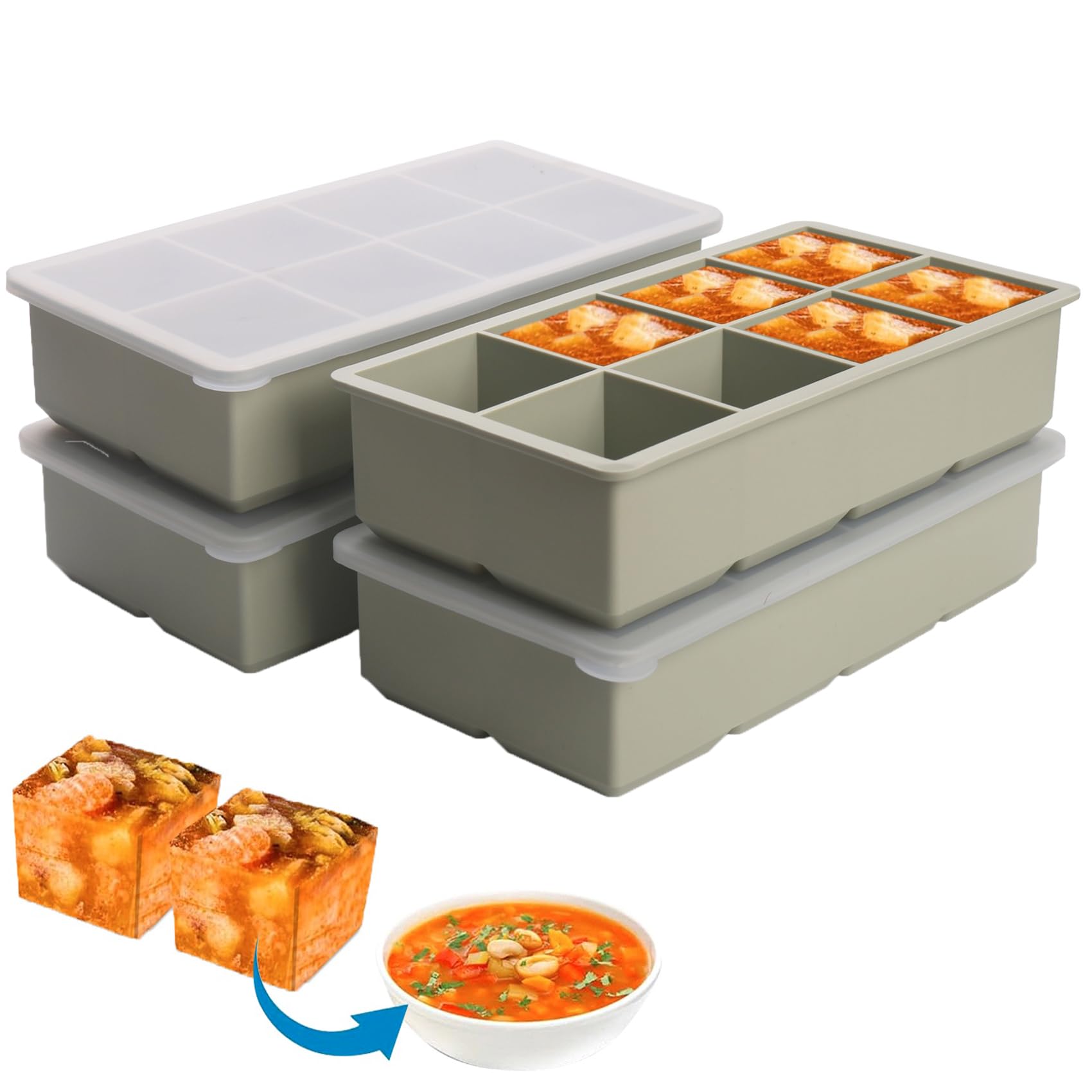 Photo 1 of 1/2 Cup Silicone Freezer Tray With Lid - Silicone Freezer Molds 4-Pack For meal prep & freezing of various sauces and other dishes, makes 32 perfect 1/2 cup portions cubes (Green 4 Pack)