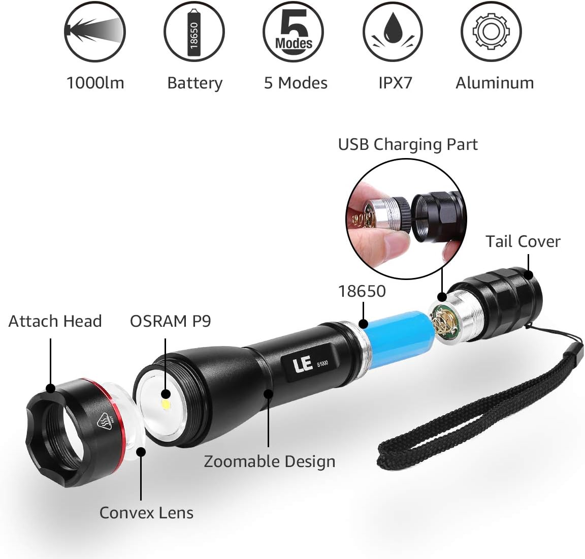 LE Rechargeable LED Flashlight, Zoomable Tactical Torch, 1000 Lumens Super Bright, IPX7 Waterproof, 5 Lighting Modes, Portable Handheld Flashlights for Camping, Running, Dog Walking and Emergency - - 
