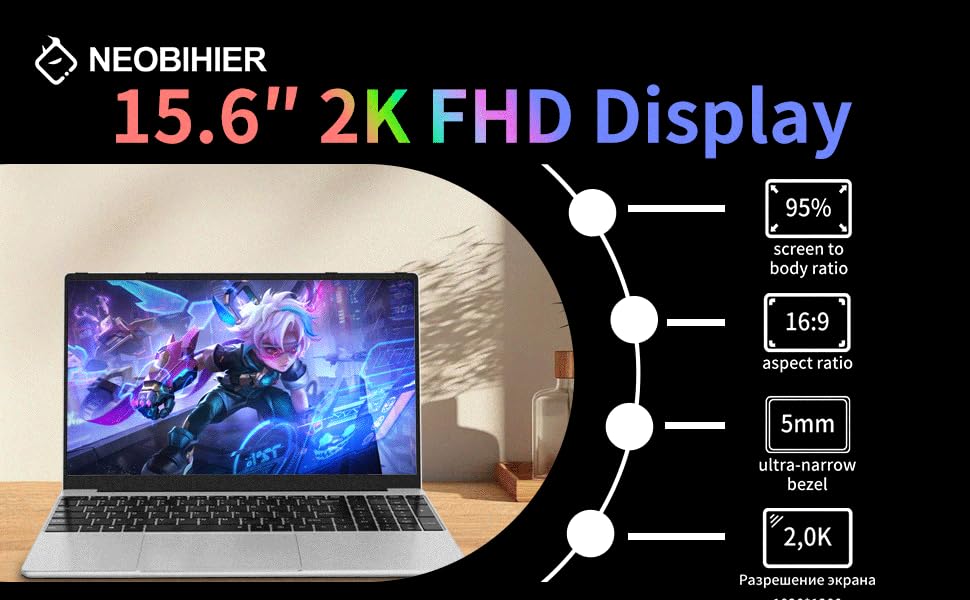 NEOBIHIER Gaming Laptop, N95 up to 3.4GHz, 16GB RAM, 512GB SSD, 15.6" 2K Display, Fingerprint Unlock, Slim & Lightweight Laptop for Work & Study, Gray