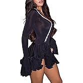 Geulis Women's Long Sleeve Wedding Guest Dresses Sexy Deep V Neck Flare Ruffle Dress Bodycon Party Mini Dresses