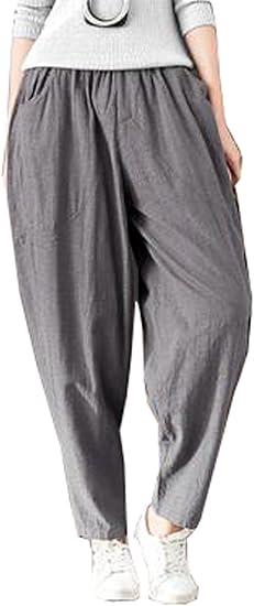 Amazon グードコ カジュアルパンツ レディース ハーレムパンツ 大きいサイズ 麻素材 九分丈 ズボン ワイド 薄手 ボトムス ポケット付き ロングパンツ 通販