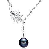 HOPEEZZ Black Pearl Necklace for Women Sterling Silver Leaf Necklace Y Pendant Pearl Jewelry Gift for Women
