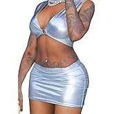 EVILD 2 Pcs Metallic Top Skirt Silver V Neck Party Crop Top Bodycon Mini Skirt Outfits for Women