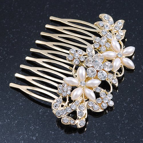 Bridal/ Wedding/ Prom/ Party Gold Plated Clear Crystal and Light Cream Simulated Pearl Floral Hair Comb - 50mm
