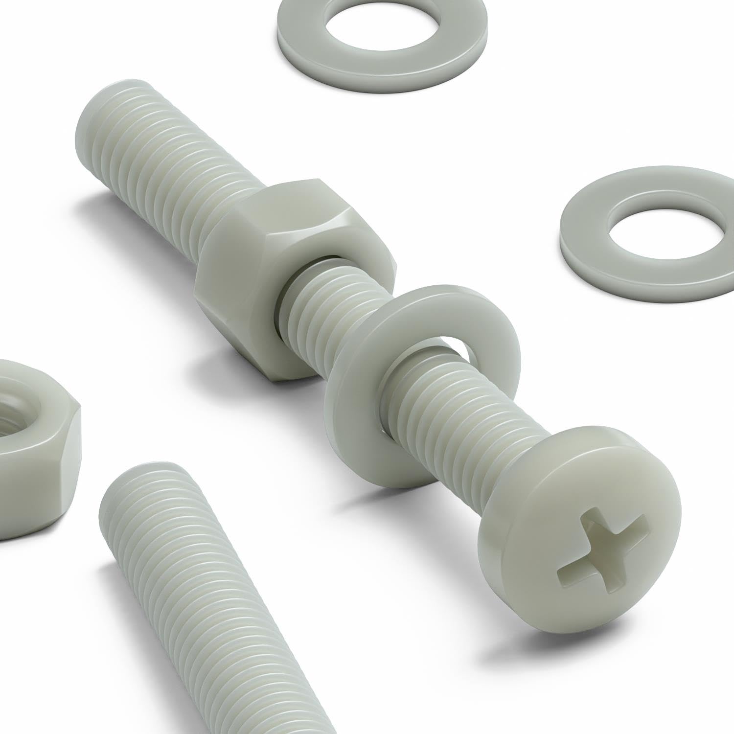 50 x Glass Filled Reinforced Super Nylon Pan Head, Crosshead Machine Screws, M5 x 40mm, Plastic Nuts and Bolts, Washers