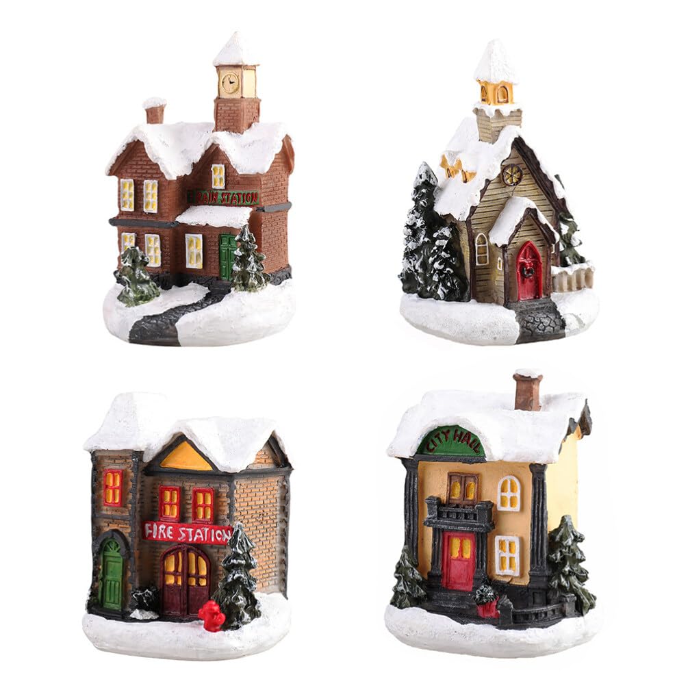 Uonlytech 4pcs Christmas Luminous House LED Light up Village DIY Resin Chalet Cottage Model Hanging Ornaments for Xmas Tree Home Table Decors