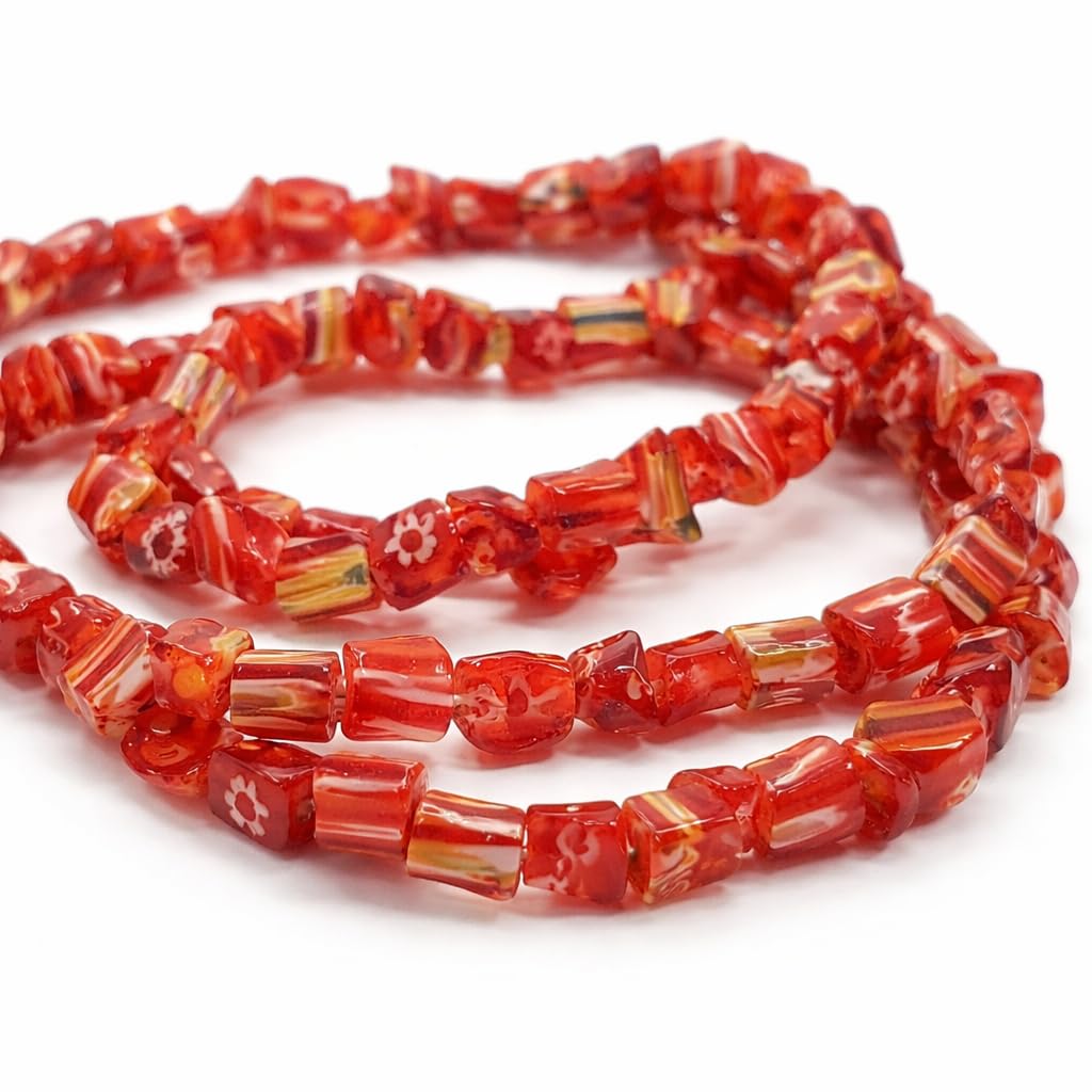 Millefiori R47 Glass Beads, Red, Chips Shape, 3 - 8 mm, 90 cm Strand Approx. 250 Pieces