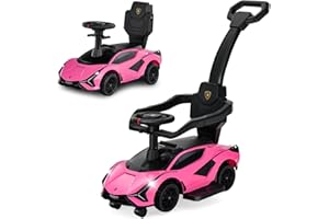 OLAKIDS 3 in 1 Ride on Push Car, Licensed Lamborghini SIAN Baby Sliding with Universal Wheels, Removable Handle and Guardrails, Toddlers Walking Toy with Music, Under Seat Storage (Roseate)