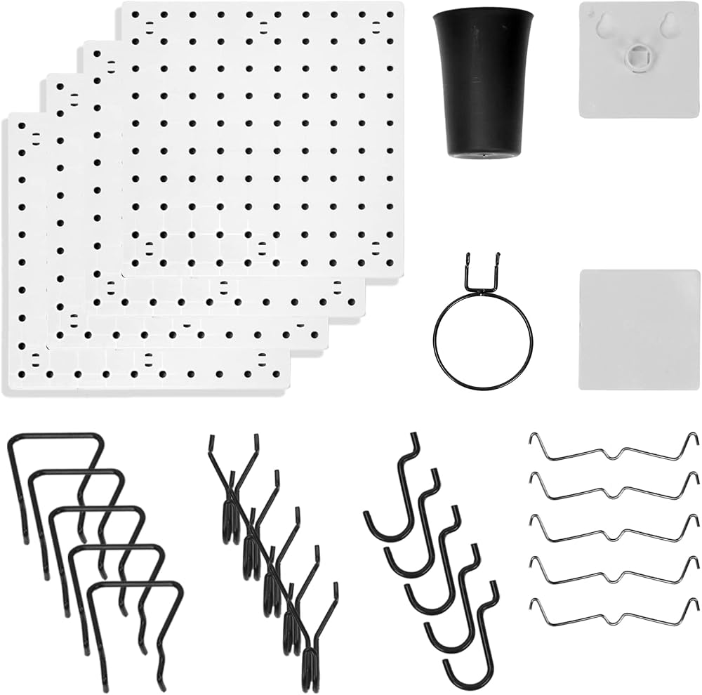 Keadic 34pc 1" Small Pegboard Wall Organizer White Hooks Kit No Drilling Mount