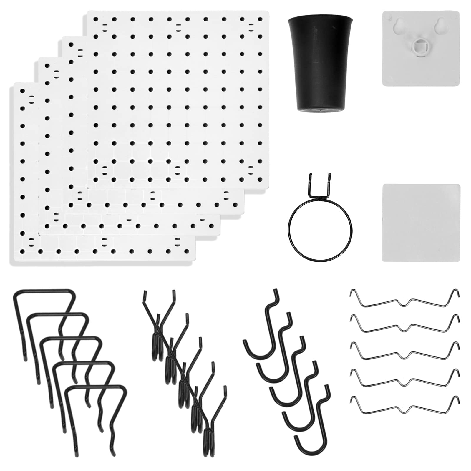 Keadic 41 Pieces 1 x 1 Inch Small Peg Board Wall Organiser with Pegboard Hooks Hanger Tools Kit White Mount Display Pegboard Panels No Drilling to Wall for Kitchen Jewellery Craft Garage Organising