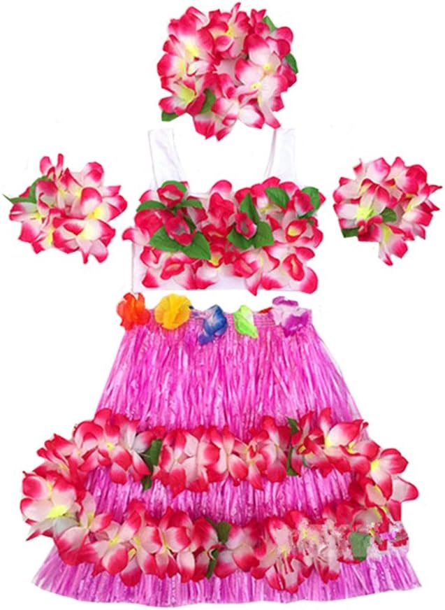 Kids Girl's Elastic Hawaiian Hula Dancer Grass Skirt with Top and Hawaiian Flower Costume Set (Pink)