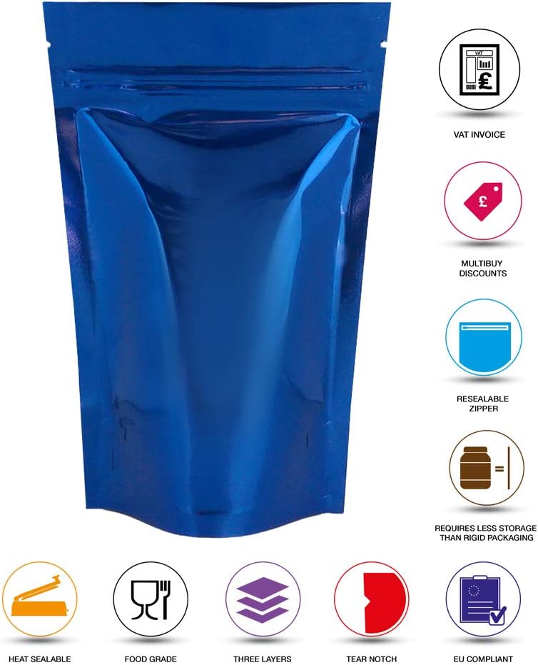 Rightpak Stand Up Pouches 100 Pieces 8cm x 13cm, Blue Shiny Heat Sealable Tear Notches Smell Proof for Food Storage With Ziplock