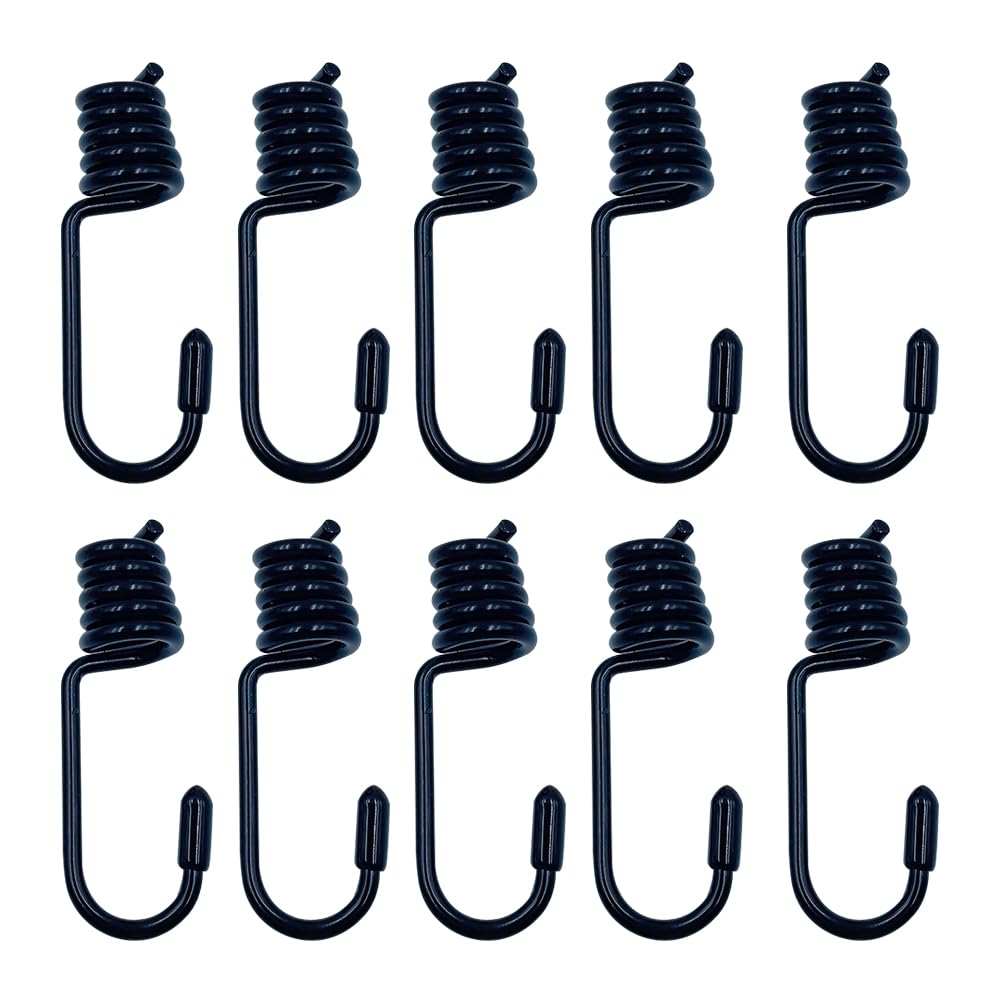 ONEBO 10 Pcs Carbon Steel Bungee Hooks,Shock Cord Hook,Spiral end elastic rope,for Tarpaulins, Pavilions, PVC Banners, Camping Covers(8mm,Black)
