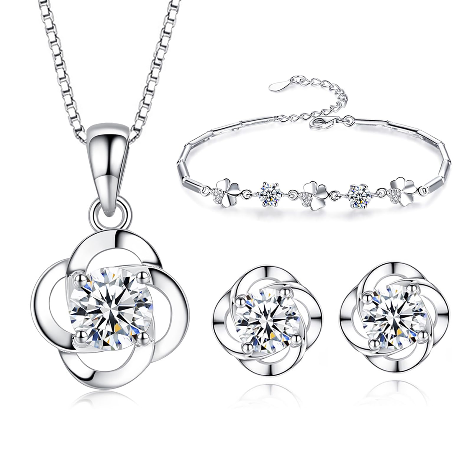 Kamise Womens Jewellery Set, 925 Sterling Silver Clover Pendant Necklace & Bracelet & Stud Earrings Sets, with White Cubic Zirconia Crystal, Allergy Free Jewellery Set Wedding Engagement Birthday Gift