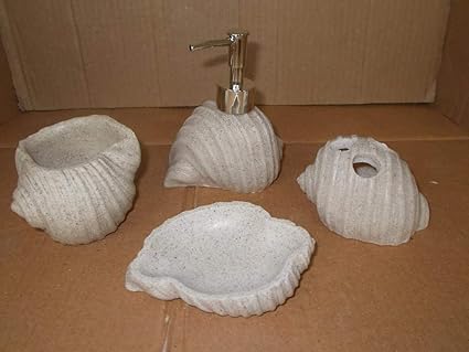 TOTO DEALS Shell Design Bathroom Sanitary Set Made from Natural Stone - Bath Accessories Set of 4 Includes Soap Dispenser, Toothbrush Holder, Utility and Soap Dish.