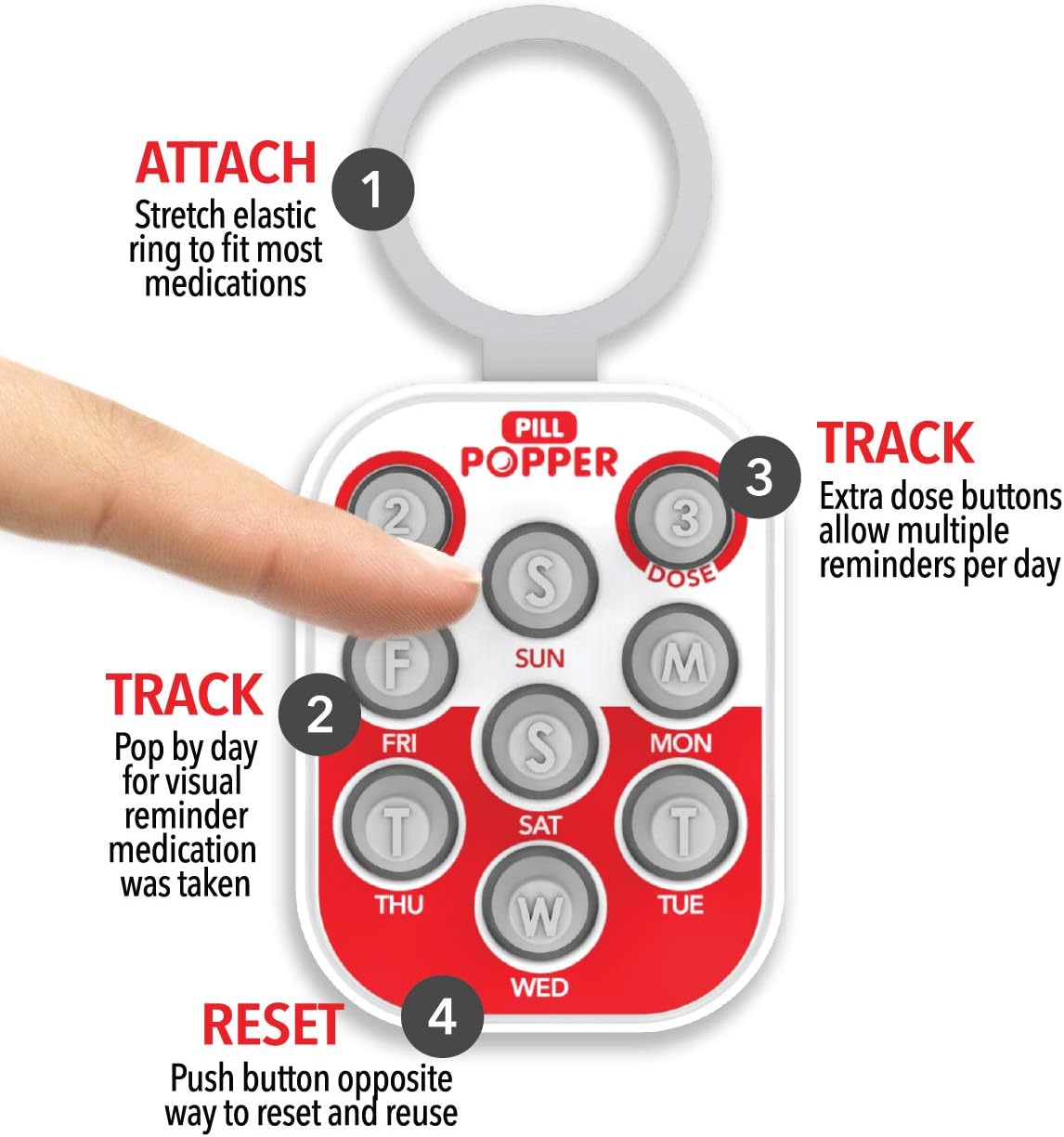Pill Popper Medication Tracker, Daily Pill Reminder, Small and Portable Memory Aid with Buttons, Attaches to Pill Container - Image 4