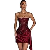 Geforsp Sparkly Rhinestones Homecoming Dresses for Teens Strapless Satin Corset Short Prom Mini Dress Cocktail Party Gown