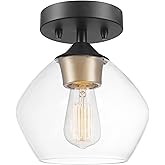 Globe Electric Harrow 1-Light Semi-Flush Mount Ceiling Light with a Matte Black Finish, Gold Accent Socket and Clear Glass Sh
