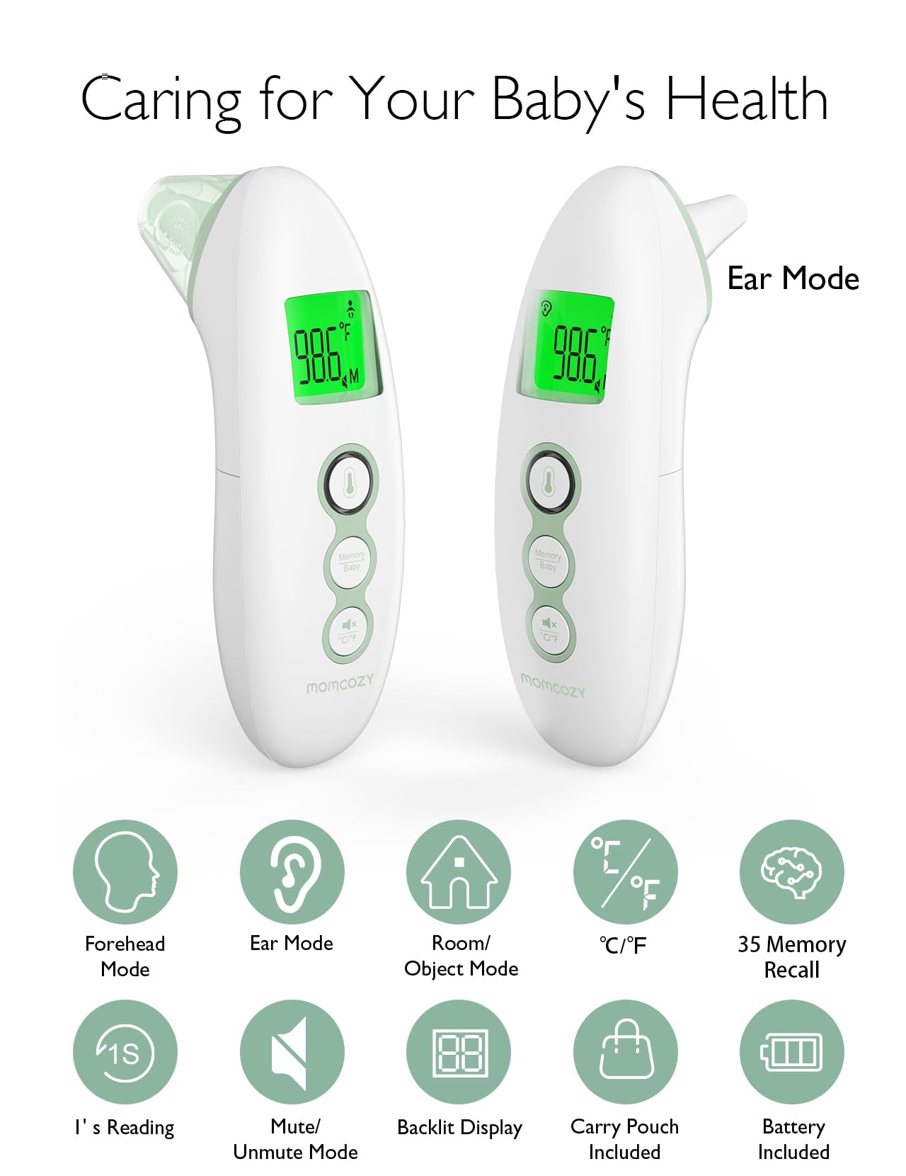 Momcozy Non-Contact Forehead and Ear Thermometer, Digital Infrared Thermometer for Adults and Children, with Child Mode, Fever Alarm Function, Mute and Memory Functions, Fast and Accurate Measurement