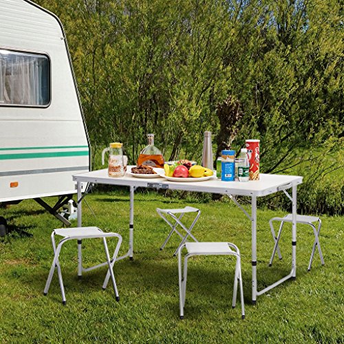 Finether Height Adjustable Folding Table and 4 chairs, Lightweight Portable Aluminum Folding Table and Stool Set with Parasol Hole Indoor Outdoor Picnic Party Home Kitchen Dining Cookout Camping Table - Thumbnail 5