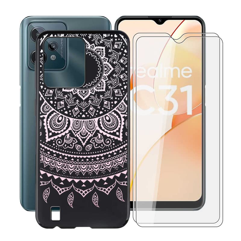 HGJTF Case for Realme C31 (6.5") + [2 Pieces Tempered Glass Screen Protectors], Black Soft Cases Silicone TPU Anti-Shock Case for Realme C31 - WM86