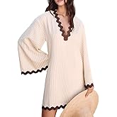 VAOYIU Women's Boho Striped V-Neck Dress Flowy Bell Sleeves Cover Up with Wavy Trim Beach Resort Kaftan Style