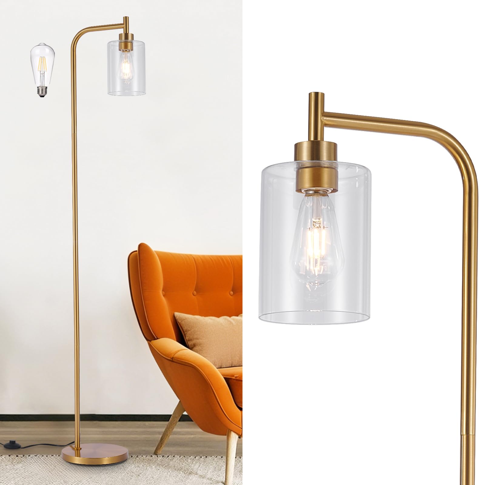 Photo 1 of DLLT Floor Lamp Tall for Room: Gold Standing Lamp with Clear Glass Lampshade for Living Room - Modern Bright Lamp for Bedroom - Industrial Corner Floor Lamps for Office 8W Led Bulb Included